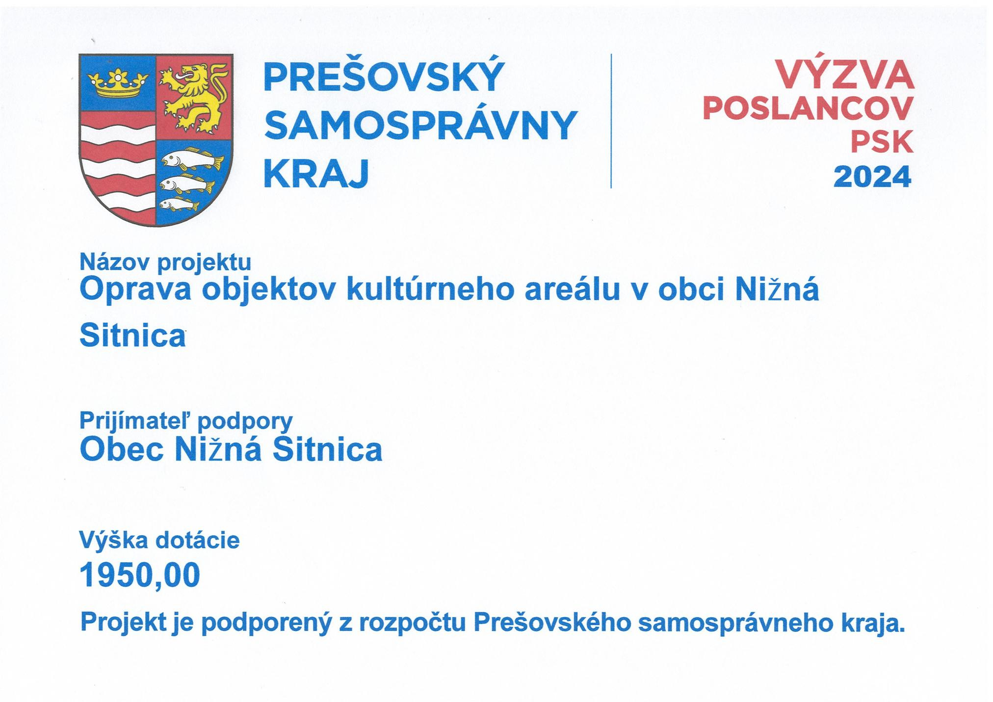 Fotka - Oprava objektov kultúrneho areálu v obci Nižná Sitnica- Projekt podporený z rozpočtu PSK